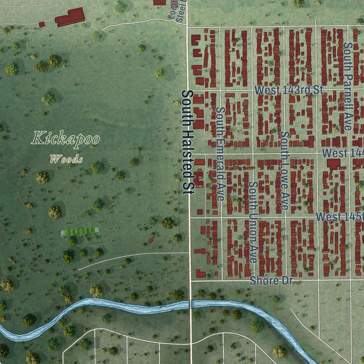 Second close-up of the map of Riverdale, Illinois print showing more streets and buildings