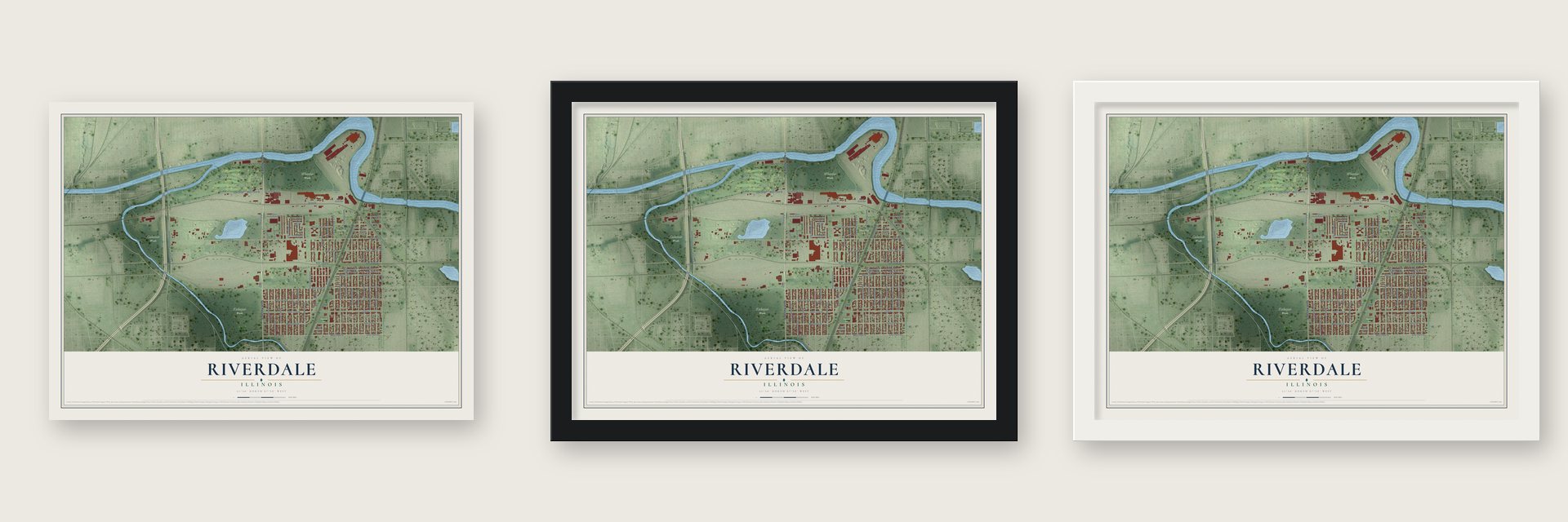 Riverdale, Illinois map unframed, in a black wood frame and in a white wood frame