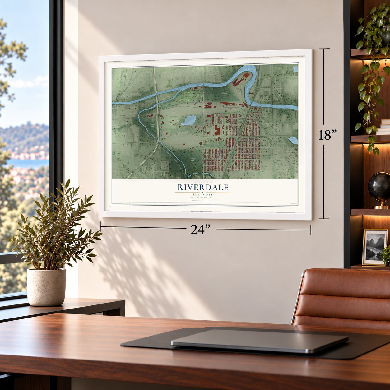Riverdale, Illinois map, 18 x 24 inch print in a white frame in a home office