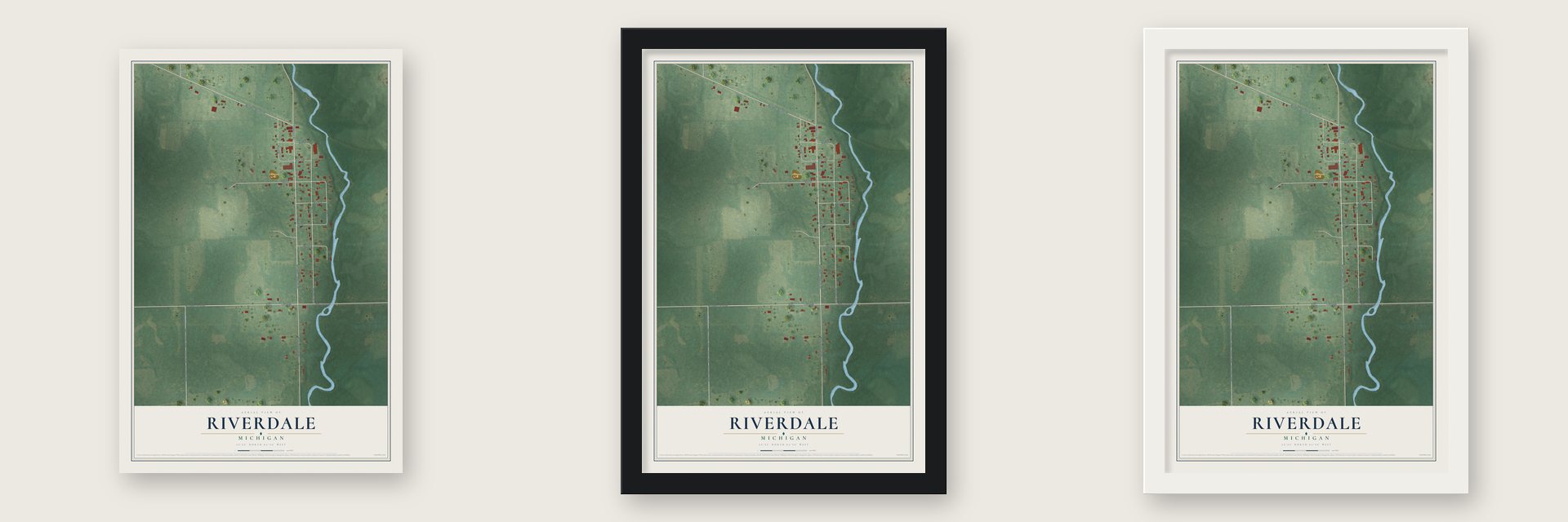 Riverdale, Michigan map unframed, in a black wood frame and in a white wood frame