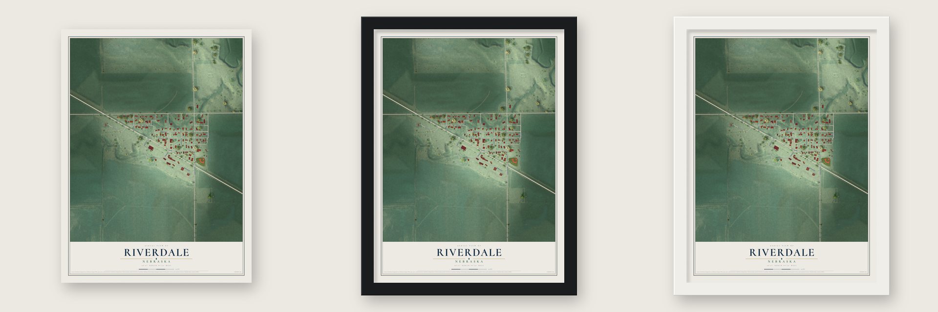 Riverdale, Nebraska map unframed, in a black wood frame and in a white wood frame