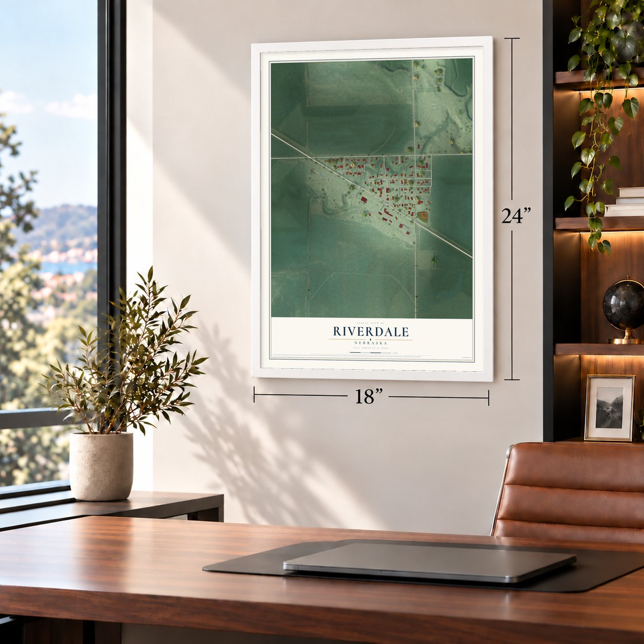 Riverdale, Nebraska map, 18 x 24 inch print in a white frame in a home office