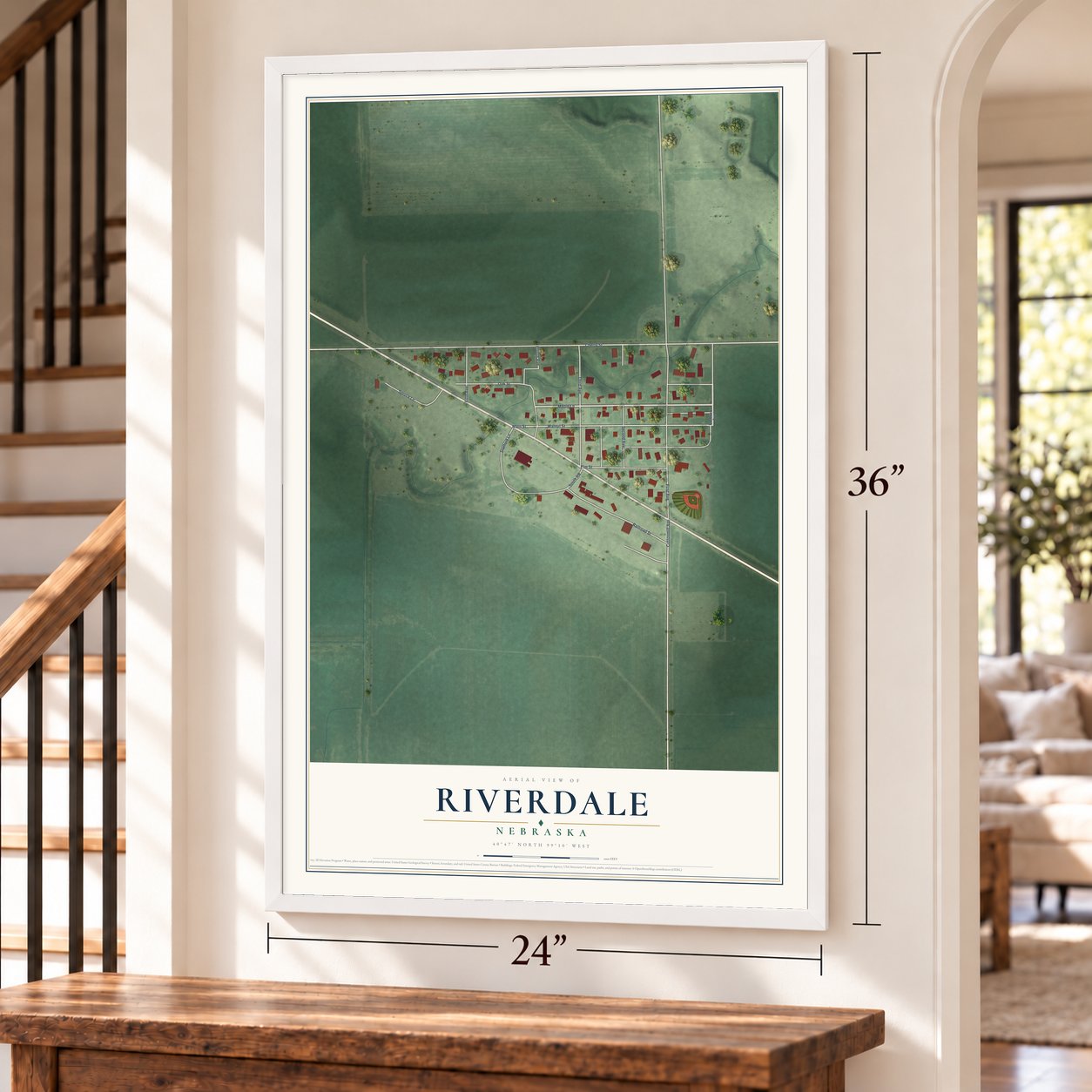 Riverdale, Nebraska map, 24 x 36 inch print in a white frame by a staircase