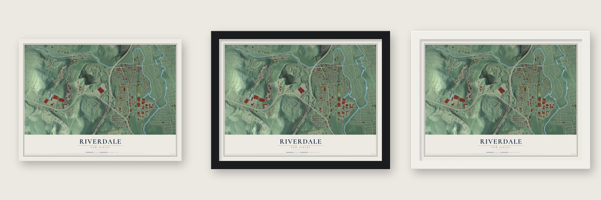 Riverdale, New Jersey map unframed, in a black wood frame and in a white wood frame