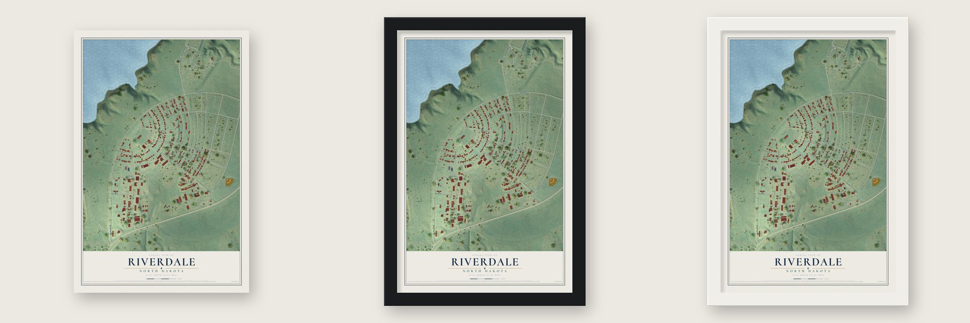Riverdale, North Dakota map unframed, in a black wood frame and in a white wood frame