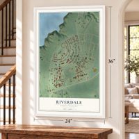 Riverdale, North Dakota map, 24 x 36 inch print in a white frame by a staircase