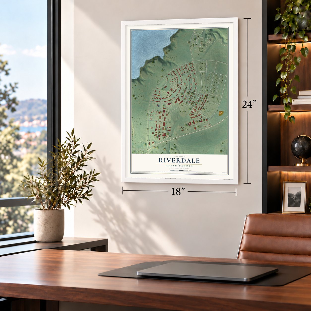 Riverdale, North Dakota map, 18 x 24 inch print in a white frame in a home office