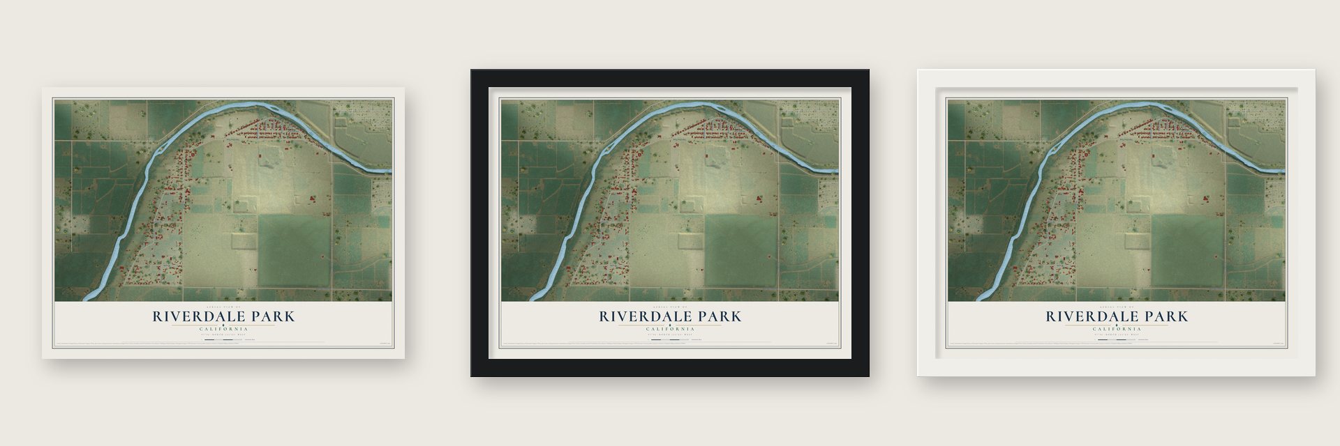 Riverdale Park, California map unframed, in a black wood frame and in a white wood frame