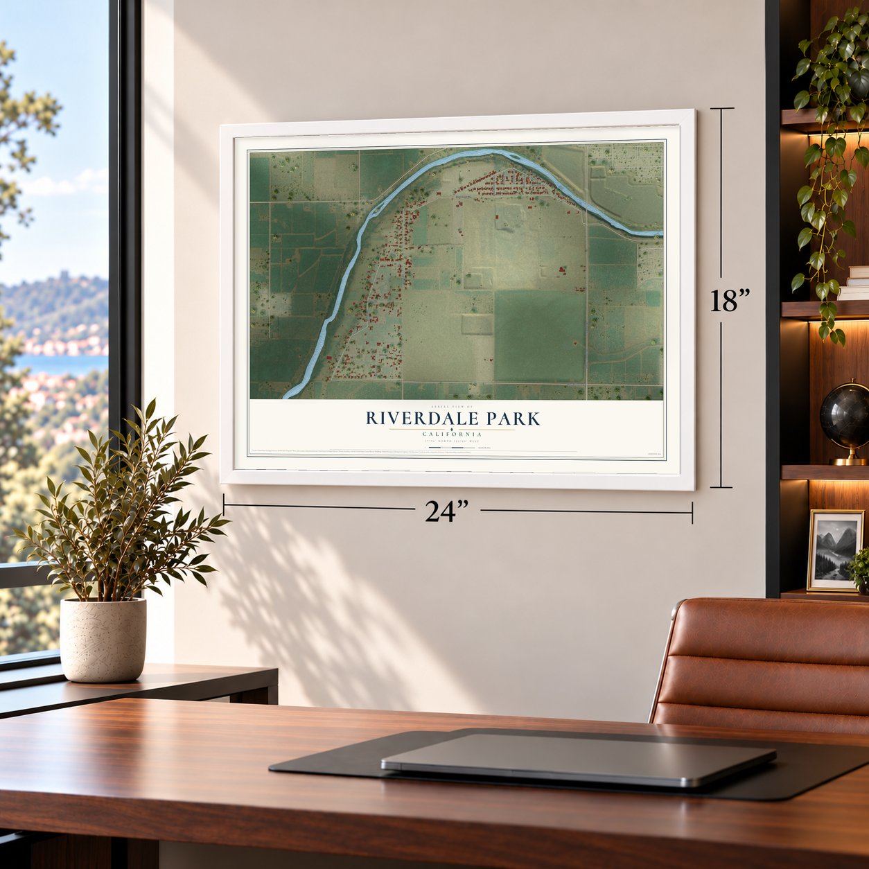 Riverdale Park, California map, 18 x 24 inch print in a white frame in a home office