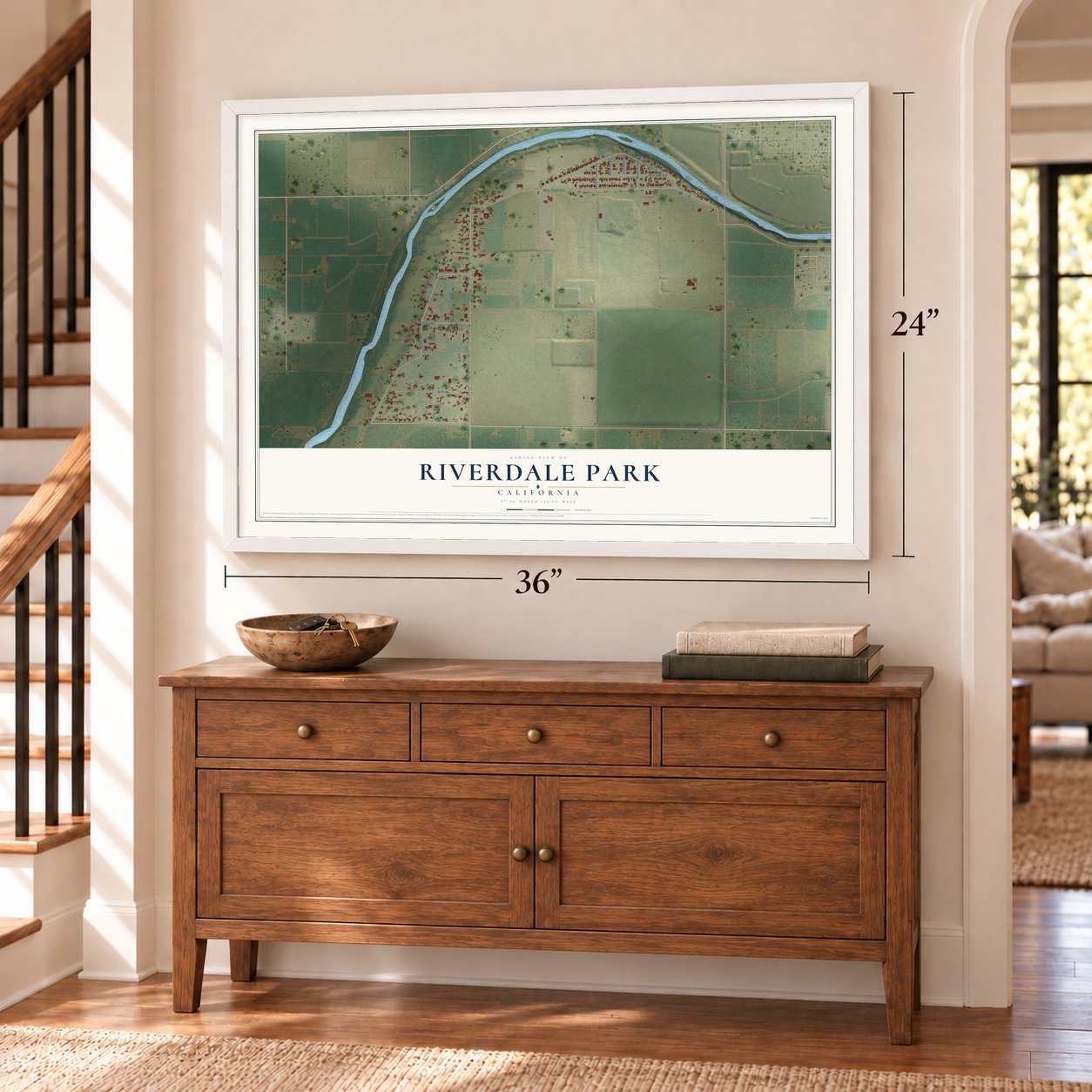 Riverdale Park, California map, 24 x 36 inch print in a white frame above a dresser by a staircase