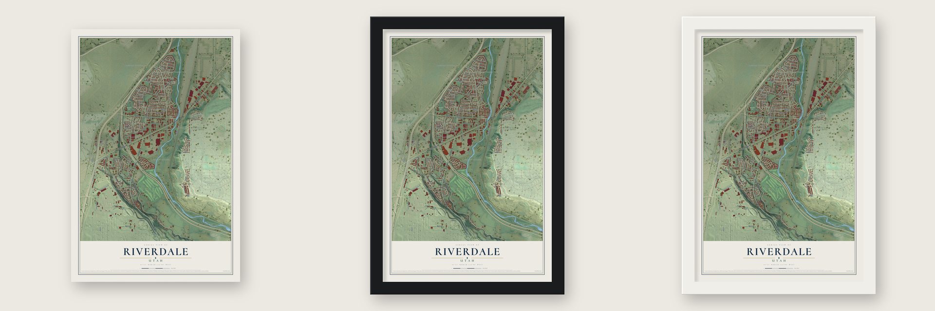 Riverdale, Utah map unframed, in a black wood frame and in a white wood frame