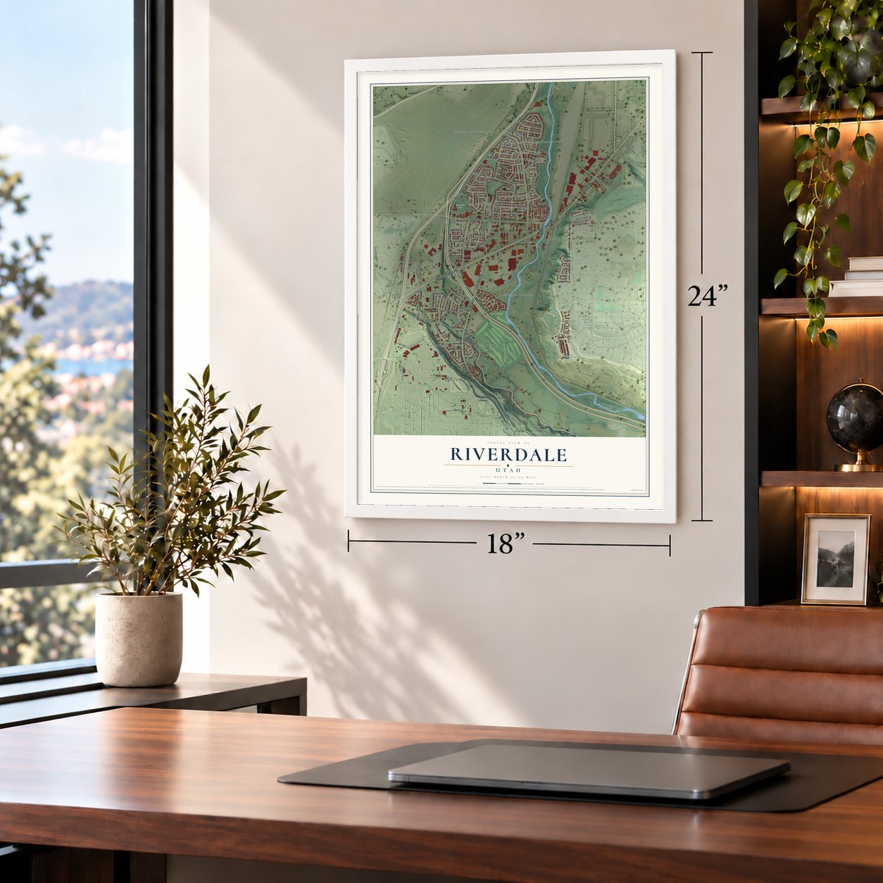 Riverdale, Utah map, 18 x 24 inch print in a white frame in a home office