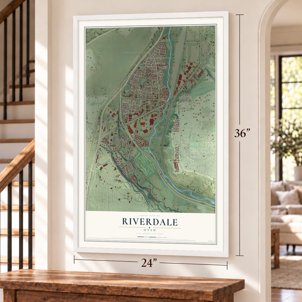 Riverdale, Utah map, 24 x 36 inch print in a white frame by a staircase