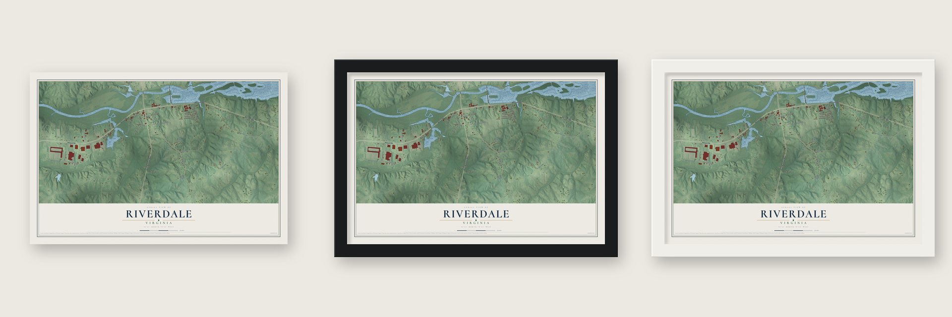 Riverdale, Virginia map unframed, in a black wood frame and in a white wood frame