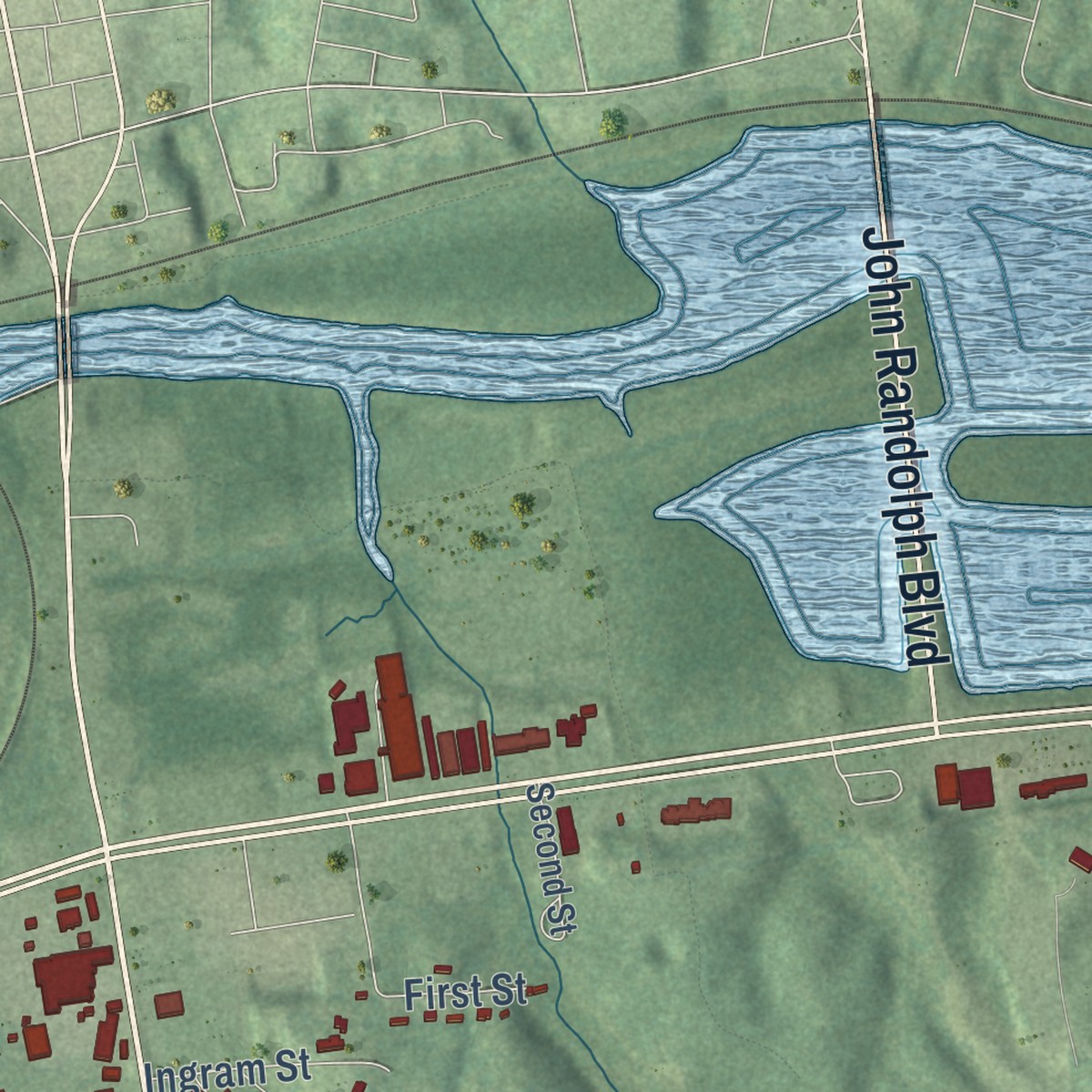 Second close-up of the map of Riverdale, Virginia print showing more streets and buildings
