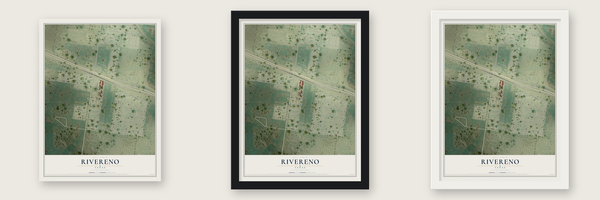 Rivereno, Texas map unframed, in a black wood frame and in a white wood frame