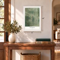 Rivereno, Texas map, 12 x 18 inch print in a white frame in an entryway