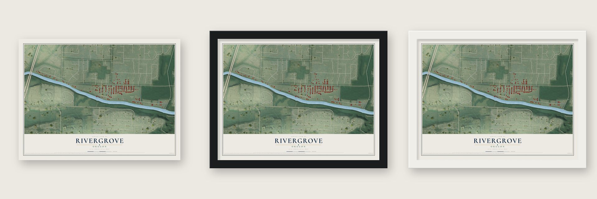Rivergrove, Oregon map unframed, in a black wood frame and in a white wood frame