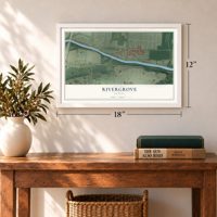 Rivergrove, Oregon map, 12 x 18 inch print in a white frame in an entryway