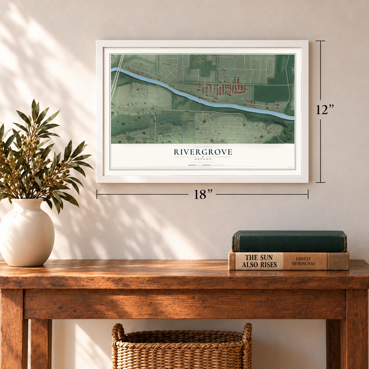 Rivergrove, Oregon map, 12 x 18 inch print in a white frame in an entryway