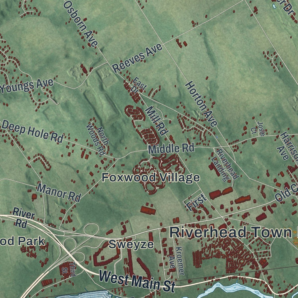Second close-up of the map of Riverhead, New York print showing more streets and buildings