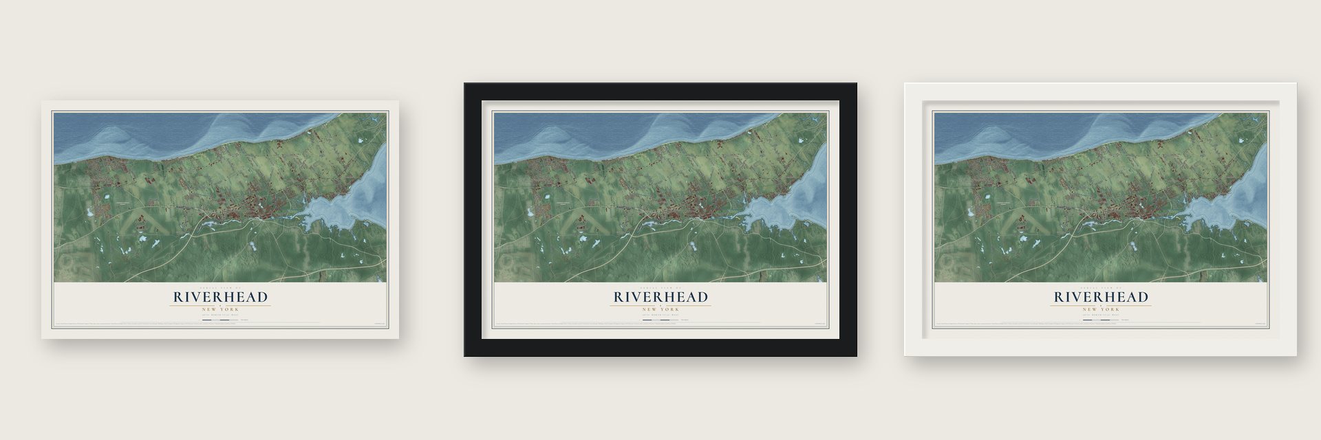 Riverhead, New York map unframed, in a black wood frame and in a white wood frame