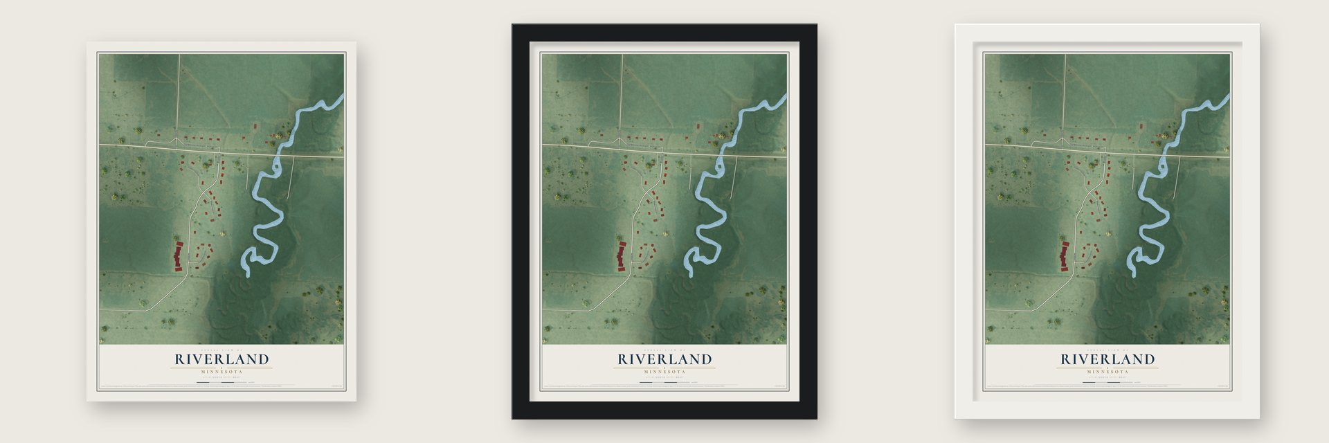 Riverland, Minnesota map unframed, in a black wood frame and in a white wood frame