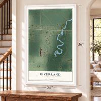 Riverland, Minnesota map, 24 x 36 inch print in a white frame by a staircase