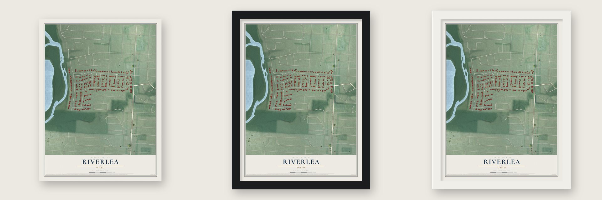 Riverlea, Ohio map unframed, in a black wood frame and in a white wood frame
