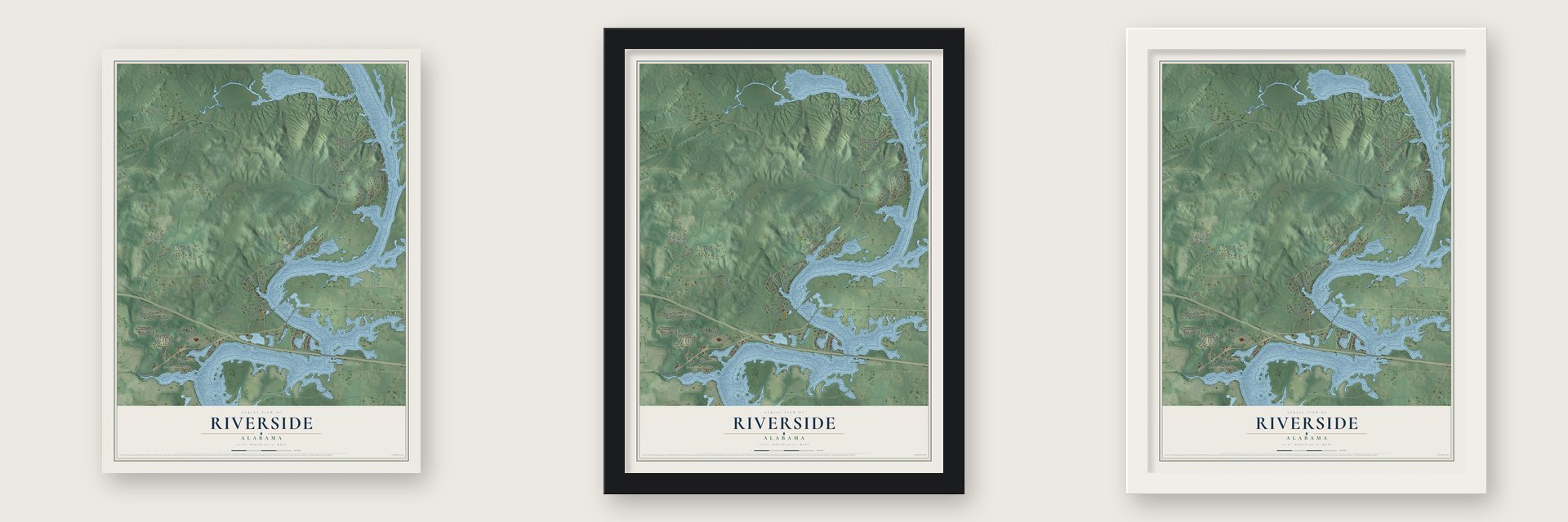 Riverside, Alabama map unframed, in a black wood frame and in a white wood frame