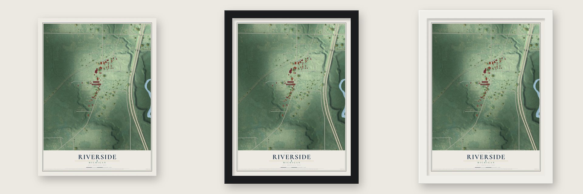 Riverside, Berrien County, Michigan map unframed, in a black wood frame and in a white wood frame