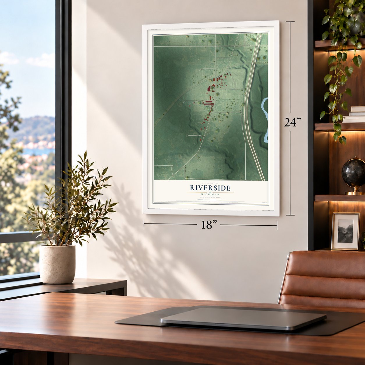 Riverside, Berrien County, Michigan map, 18 x 24 inch print in a white frame in a home office