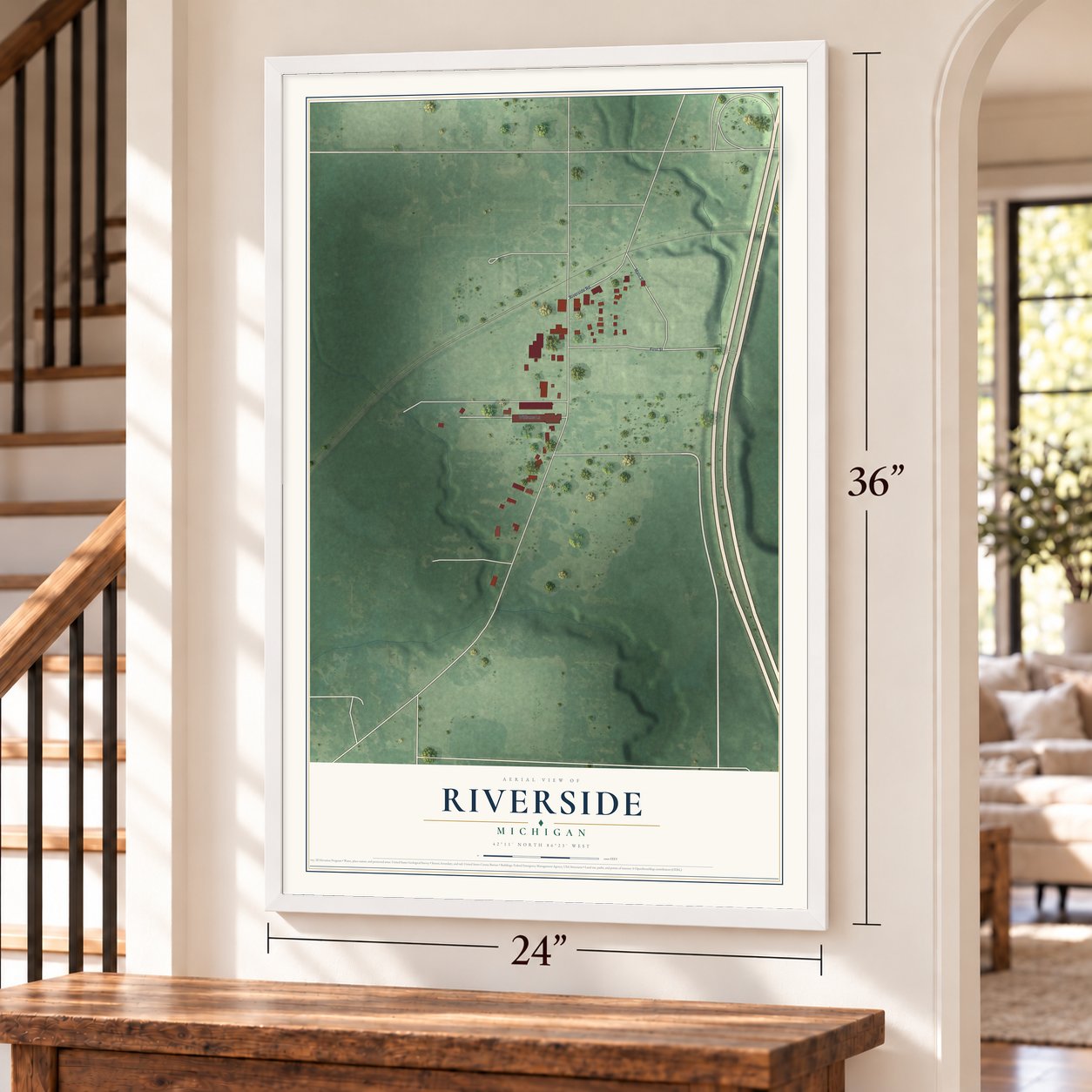 Riverside, Berrien County, Michigan map, 24 x 36 inch print in a white frame by a staircase