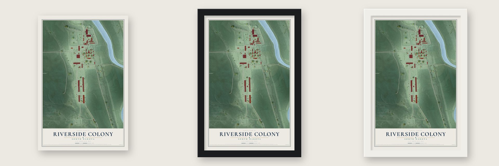 Riverside Colony, South Dakota map unframed, in a black wood frame and in a white wood frame