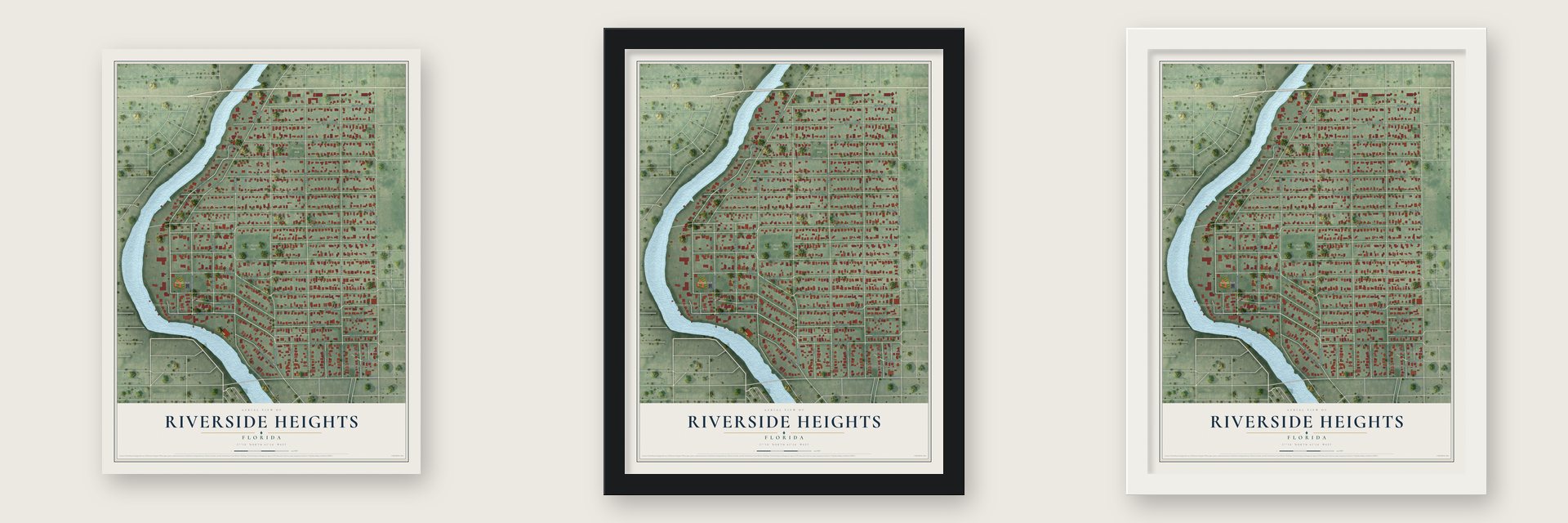 Riverside Heights, Florida map unframed, in a black wood frame and in a white wood frame