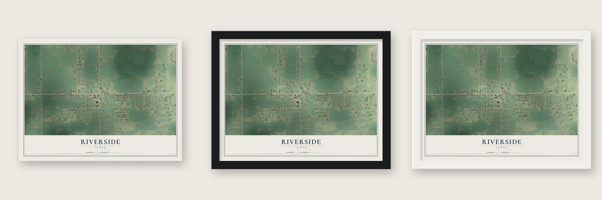 Riverside, Idaho map unframed, in a black wood frame and in a white wood frame