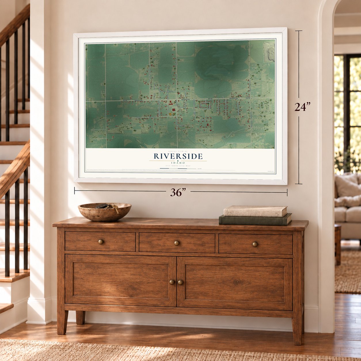 Riverside, Idaho map, 24 x 36 inch print in a white frame above a dresser by a staircase