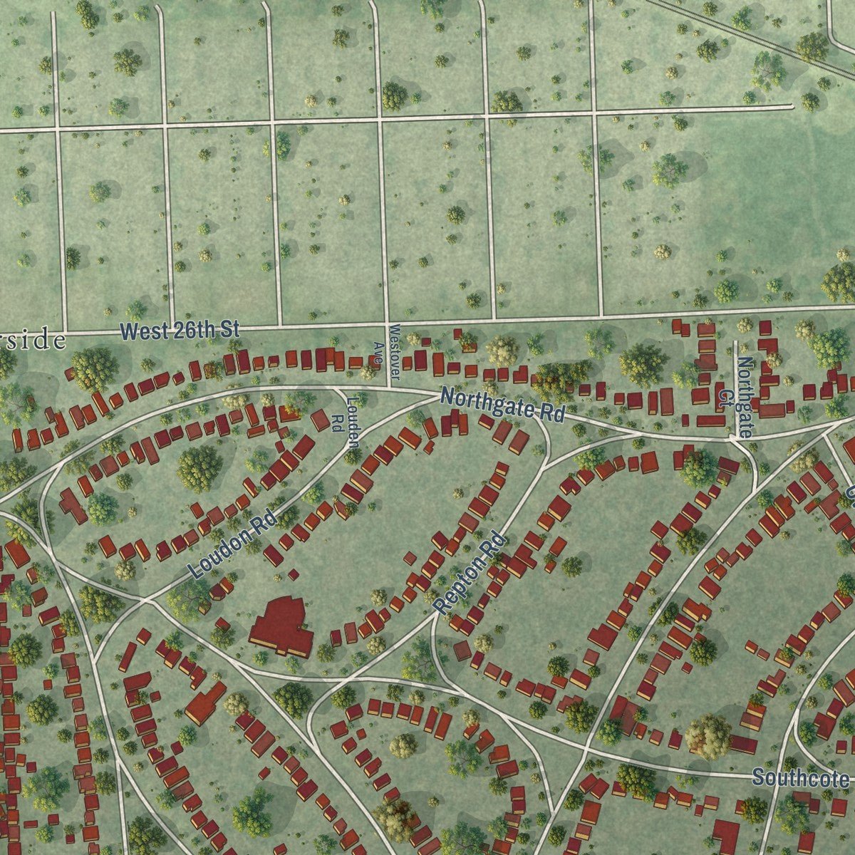 Second close-up of the map of Riverside, Illinois print showing more streets and buildings