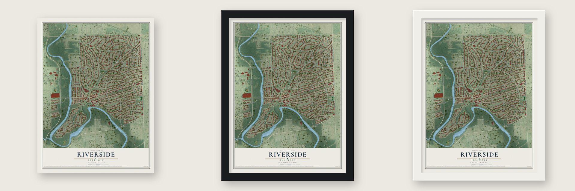 Riverside, Illinois map unframed, in a black wood frame and in a white wood frame