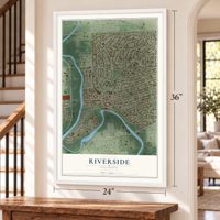 Riverside, Illinois map, 24 x 36 inch print in a white frame by a staircase