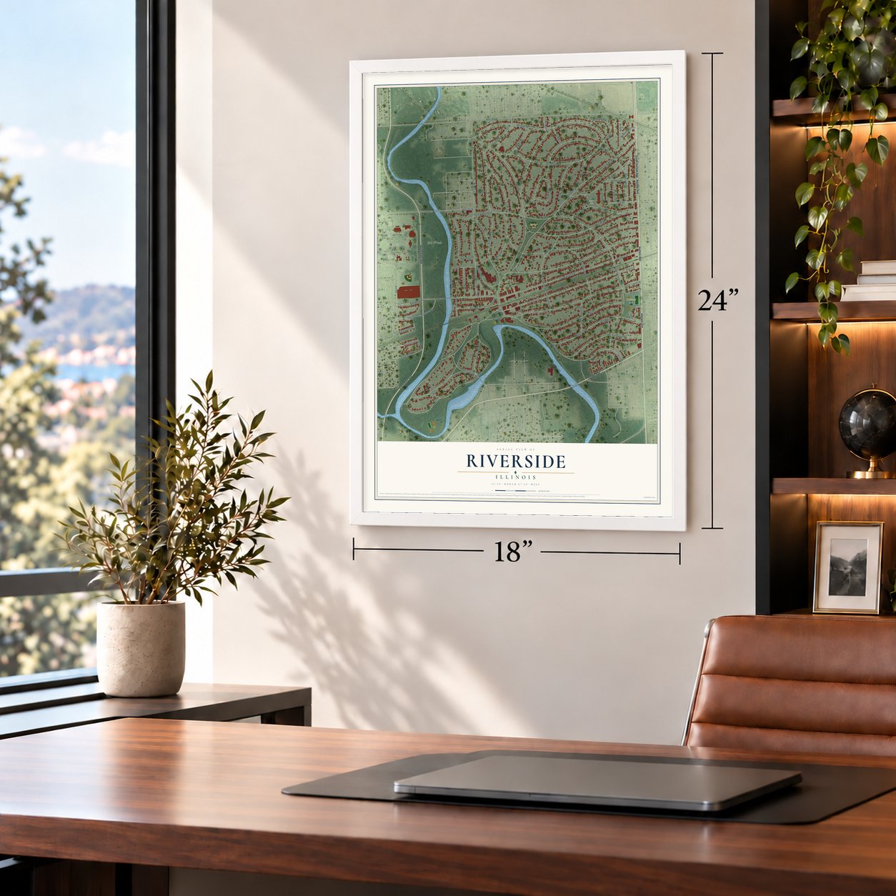 Riverside, Illinois map, 18 x 24 inch print in a white frame in a home office