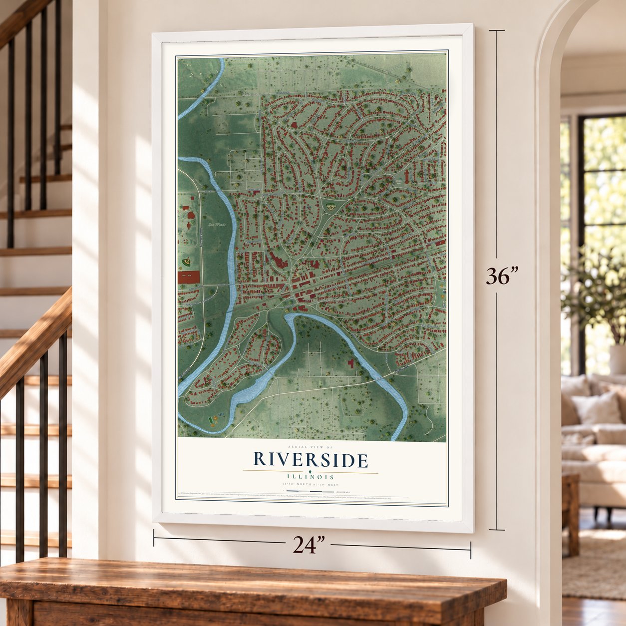 Riverside, Illinois map, 24 x 36 inch print in a white frame by a staircase