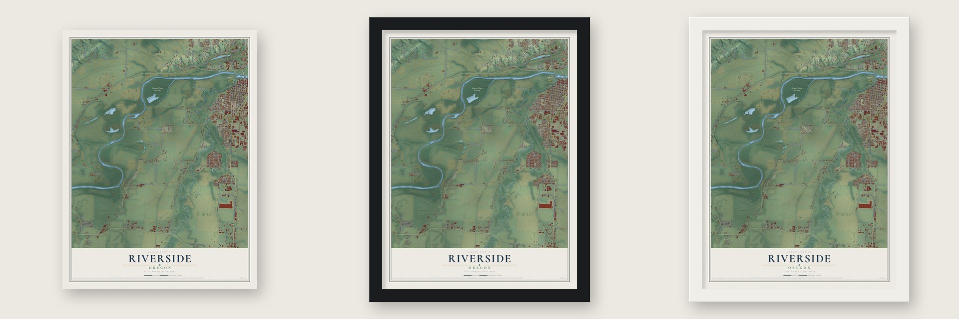 Riverside, Linn County, Oregon map unframed, in a black wood frame and in a white wood frame