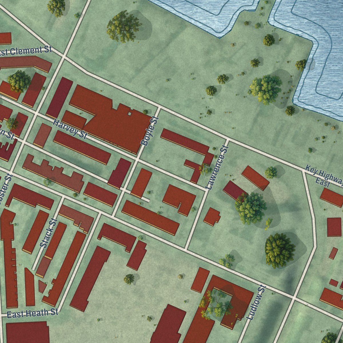 Second close-up of the map of Riverside, Maryland print showing more streets and buildings