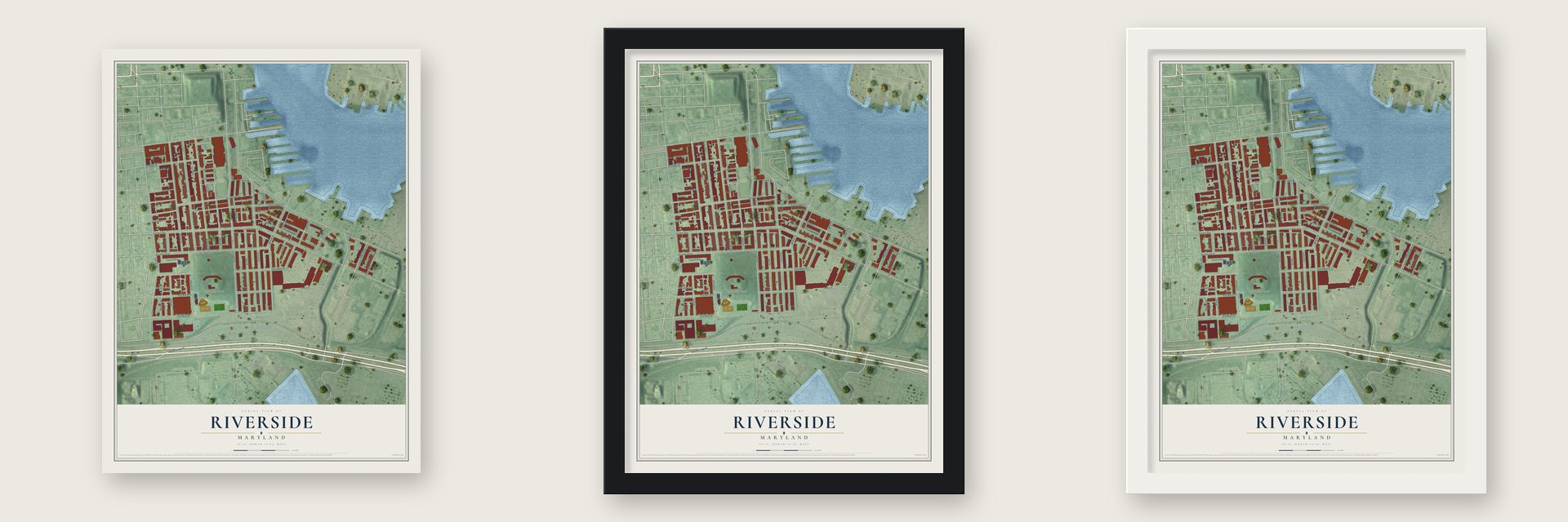 Riverside, Maryland map unframed, in a black wood frame and in a white wood frame