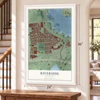 Riverside, Maryland map, 24 x 36 inch print in a white frame by a staircase