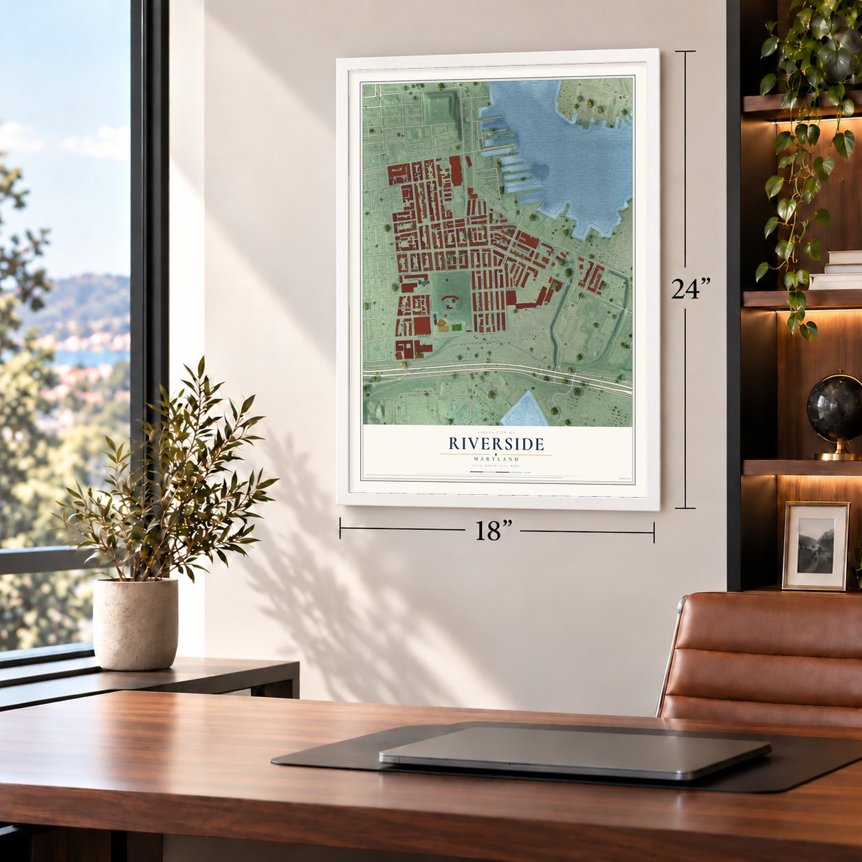 Riverside, Maryland map, 18 x 24 inch print in a white frame in a home office