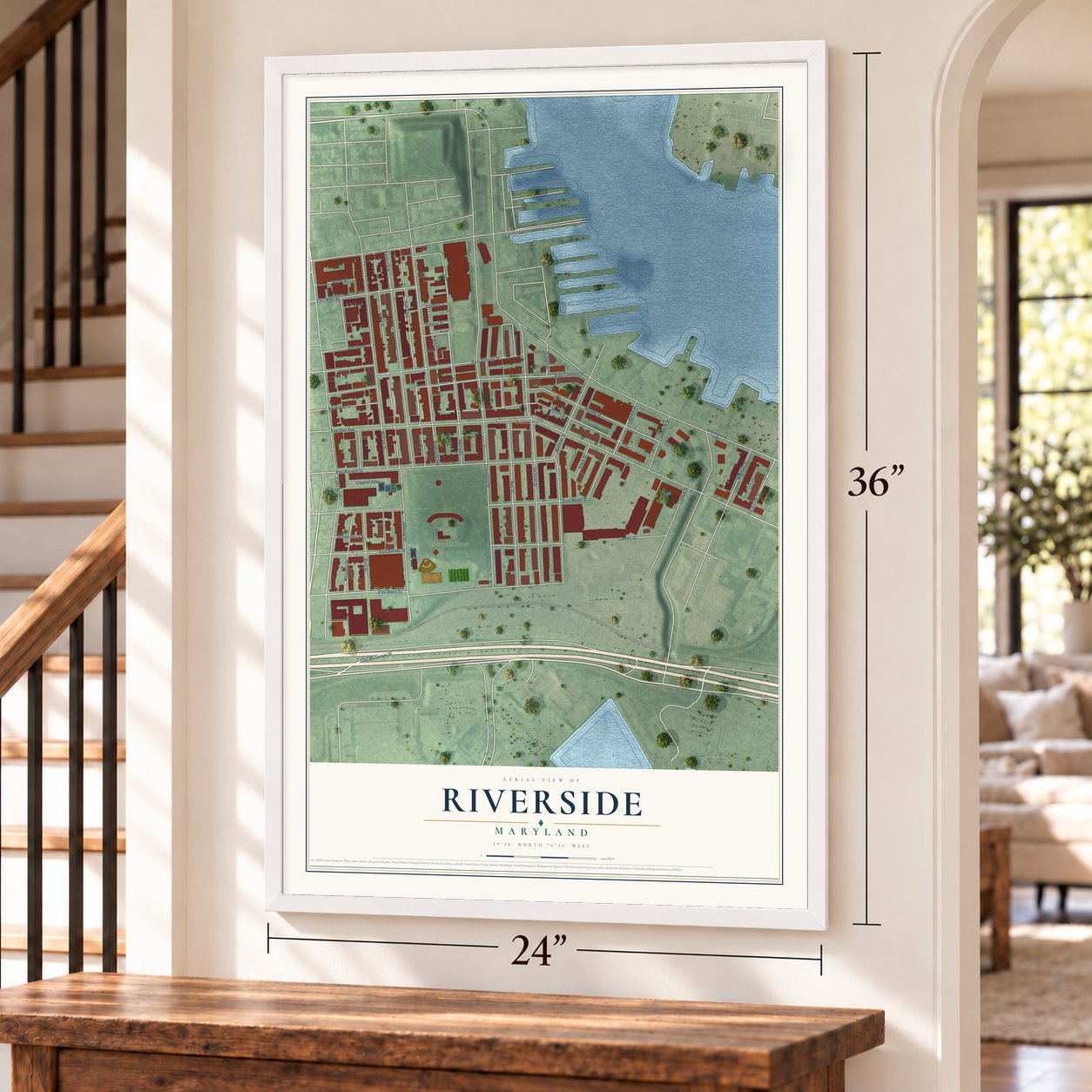Riverside, Maryland map, 24 x 36 inch print in a white frame by a staircase
