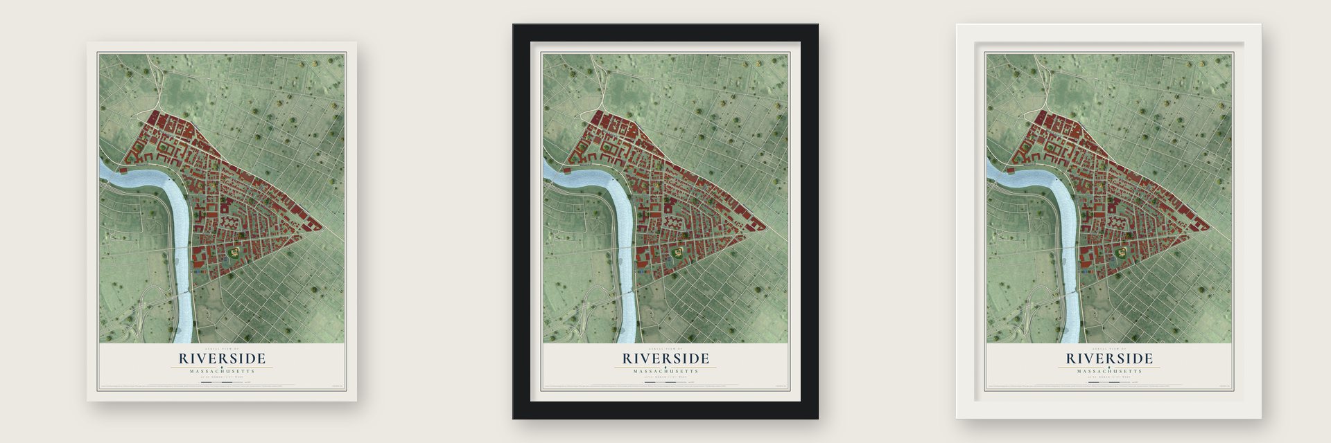Riverside, Massachusetts map unframed, in a black wood frame and in a white wood frame