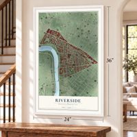 Riverside, Massachusetts map, 24 x 36 inch print in a white frame by a staircase